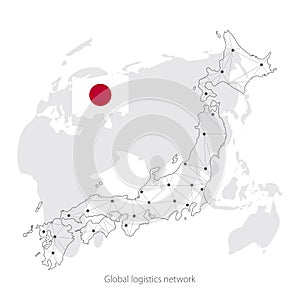 Global logistics network concept. Communications network map of the Japan on the world background. Map Japan with nodes in polygo