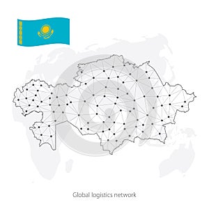 Global logistics network concept. Communications network map Kazakhstan on the world background. Map of Kazakhstan with nodes in p