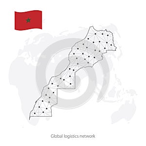 Global logistics network concept. Communications network map Kingdom of Morocco on the world background.  Map of  Morocco with nod