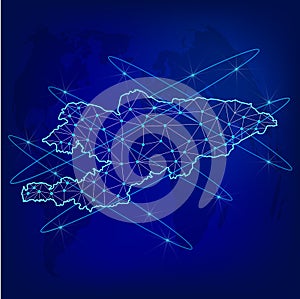 Global logistics network concept. Communications network map of  Kyrgyzstan on the world background. Map of  Kyrgyzstan with nodes