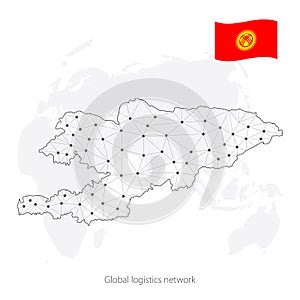 Global logistics network concept. Communications network map of Kyrgyzstan on the world background. Map of Kyrgyzstan with nodes i