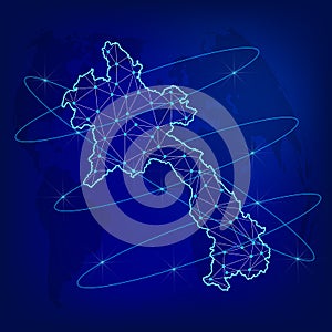 Global logistics network concept. Communications network map Laos on the world background. Map of Laos with nodes in polygonal sty