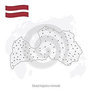 Global logistics network concept. Communications network map of Latvia on the world background.  Map of Latvia  with nodes in poly