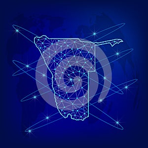 Global logistics network concept. Communications network map of Namibia on the world background. Map of Namibia with nodes in poly