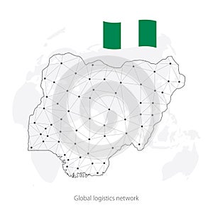 Global logistics network concept. Communications network map Nigeria on the world background. Map of Nigeria with nodes in polygon
