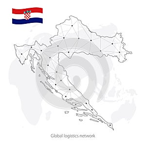 Global logistics network concept. Communications network map Republic of Croatia on the world background. Map Croatia with nodes i