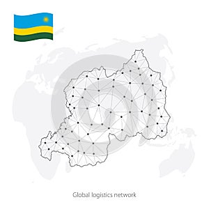 Global logistics network concept. Communications network map of Rwanda on the world background.  Map of  Rwanda with nodes in poly