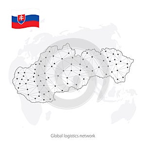 Global logistics network concept. Communications network map  Slovakia on the world background. Map of  Slovakia with nodes in pol