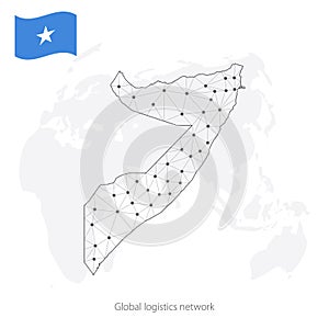 Global logistics network concept. Communications network map Somalia on the world background.