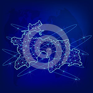 Global logistics network concept. Communications network map of  Tajikistan on the world background. Map of Tajikistan with nodes
