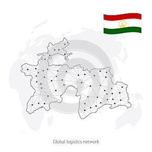Global logistics network concept. Communications network map of Tajikistan on the world background. Map of Tajikistan with nodes i
