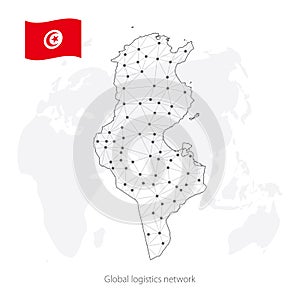 Global logistics network concept. Communications network map Tunisia on the world background. Map of  Tunisia with nodes in polygo