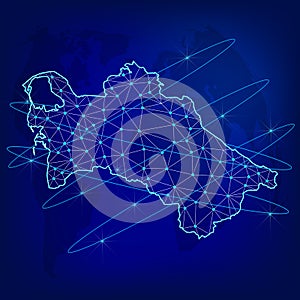 Global logistics network concept. Communications network map of Turkmenistan on the world background. Map of Turkmenistan with nod