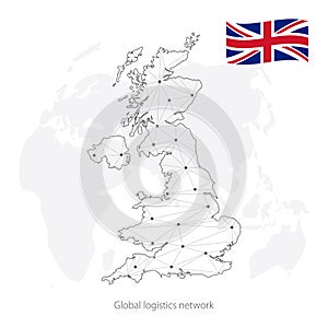 Global logistics network concept. Communications network map United Kingdom of Great Britain and Ireland on the world background.