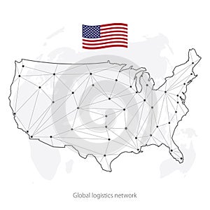 Global logistics network concept. Communications network map of the USA on the world background. Map United States of America with