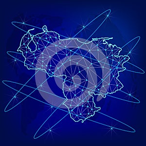 Global logistics network concept. Communications network map Venezuela on the world background. Map of Venezuela with nodes in pol