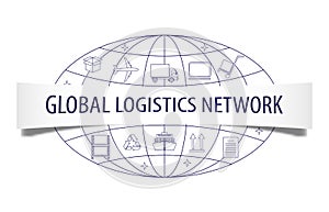 Global logistics network concept. Globe and logistics vector icons set on blue.