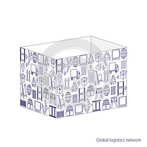 Global logistics network concept. Opened parcel box made of logistic icons. Set of thin line logistics icons in blue.