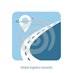 Global logistics network concept. The road with geolocation icons on blue background. Logistic template for your web site design