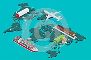 Global logistics network Flat 3d isometric illustration Icons set of air cargo trucking rail transportation maritime