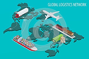 Global logistics network Flat 3d isometric vector illustration Set of air cargo trucking rail transportation maritime