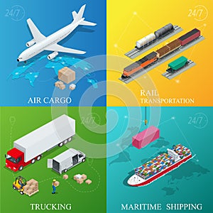 Global logistics network. Flat 3d isometric vector illustration. Set of air cargo trucking rail transportation maritime