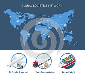 Global logistics network Flat 3d isometric vector illustration Set of air cargo trucking rail transportation maritime