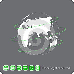 Global logistics network. Gray similar world map. Set icons transport and logistics.