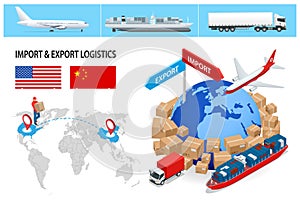 Global Logistics Network isometric, delivery and shipping business cargo truck. Air cargo trucking, rail transportation