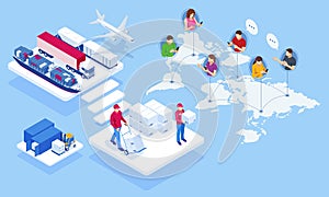 Global logistics network isometric illustration. Air cargo trucking rail transportation maritime shipping On-time