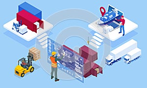 Global logistics network isometric illustration. Air cargo trucking rail transportation maritime shipping On-time