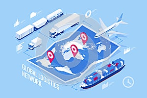 Global logistics network isometric illustration Icons set of air cargo trucking rail transportation maritime shipping On