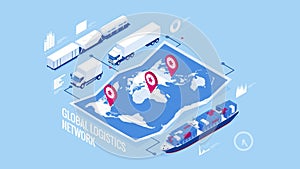 Global logistics network isometric illustration Icons set of air cargo trucking rail transportation maritime shipping On