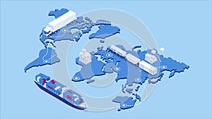 Global logistics network isometric illustration Icons set of air cargo trucking rail transportation maritime shipping On