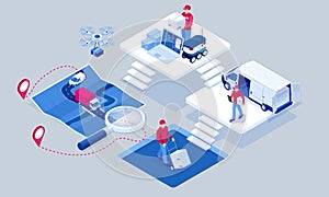 Global logistics network isometric illustration. Isometric Logistics and Delivery concept. Delivery home and office