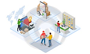 Global logistics network isometric illustration. Isometric Logistics and Delivery concept. Delivery home and office