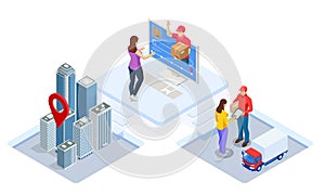 Global logistics network isometric illustration. Isometric Logistics and Delivery concept. Delivery home and office