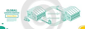 Global Logistics Network. Isometric Outline Concept. Warehouses and Cargo Trucks. Loading and Moving Goods Between Warehouses