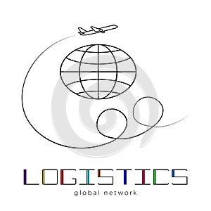 Global logistics network. Map global logistics partnership connection. Airplane connections network concept and colorful lettering