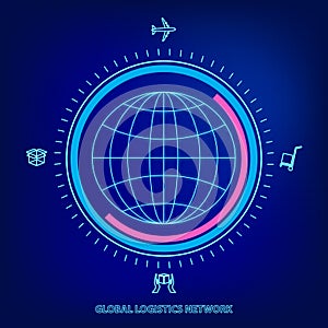 Global logistics network. Map global logistics partnership connection. Globe and logistics icons in neon style.