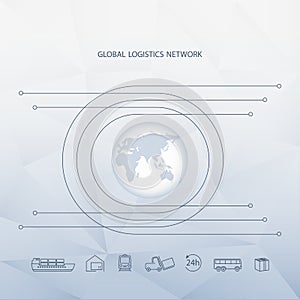 Global logistics network. Map global logistics partnership connection. Globe and logistics icons on polygonal background.