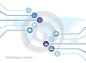 Global logistics network. Map global logistics partnership connection. Similar world map with geolocation and logistics icons.