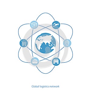 Global logistics network. Map global logistics partnership connection. White similar world map and logistics icons. Flat design.