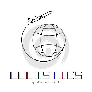 Global logistics network. Map global logistics partnership connection. Airplane connections network concept and colorful lettering