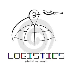 Global logistics network. Map global logistics partnership connection. Airplane connections network concept and colorful lettering