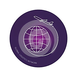 Global logistics network. Map global logistics partnership connection. Airplane connections network concept in violet circle.