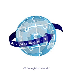 Global logistics network. Map global logistics partnership connection. White similar world map and logistics icons. Puzzle of gl