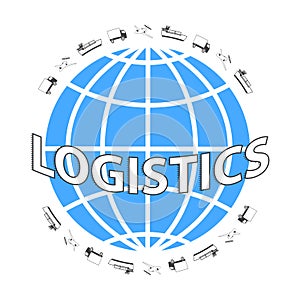Global logistics network. Set icons: truck, airplane, cargo ship. Transportation over world.