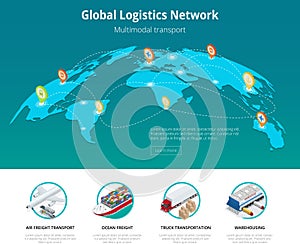 Global logistics network Web site concept Flat 3d isometric vector illustration Air cargo trucking rail transportation