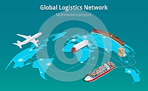 Global logistics network Web site concept Flat 3d isometric vector illustration Air cargo trucking rail transportation photo